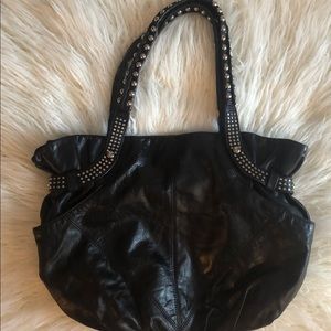 Vintage black leather purse bag silver studs hobo